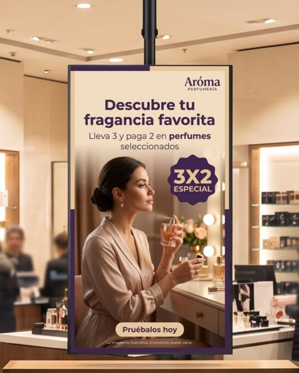 Pantalla Screen2M en el aparador de una perfumería