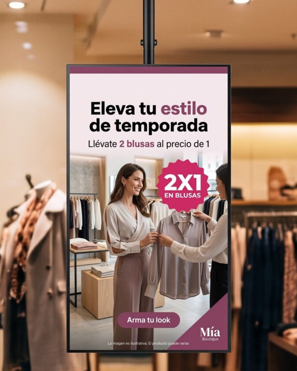 Pantalla Screen2M en el aparador de una boutique