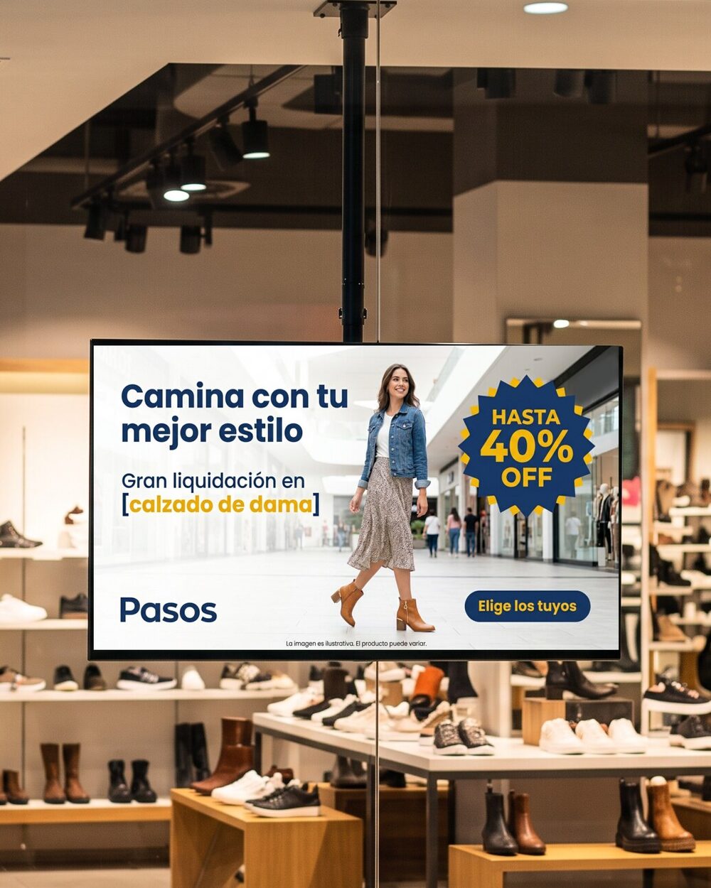 Pantalla Screen2M en el aparador de una zapatería